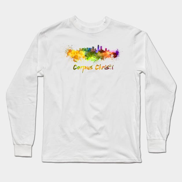 Corpus Chisti skyline in watercolor Long Sleeve T-Shirt by PaulrommerArt